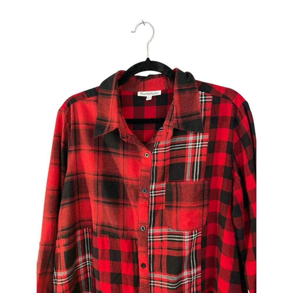 NorthStyle Button Up Shirt Women's L Patchwork Red Tartan Flannel Plaid Top - Picture 3 of 10